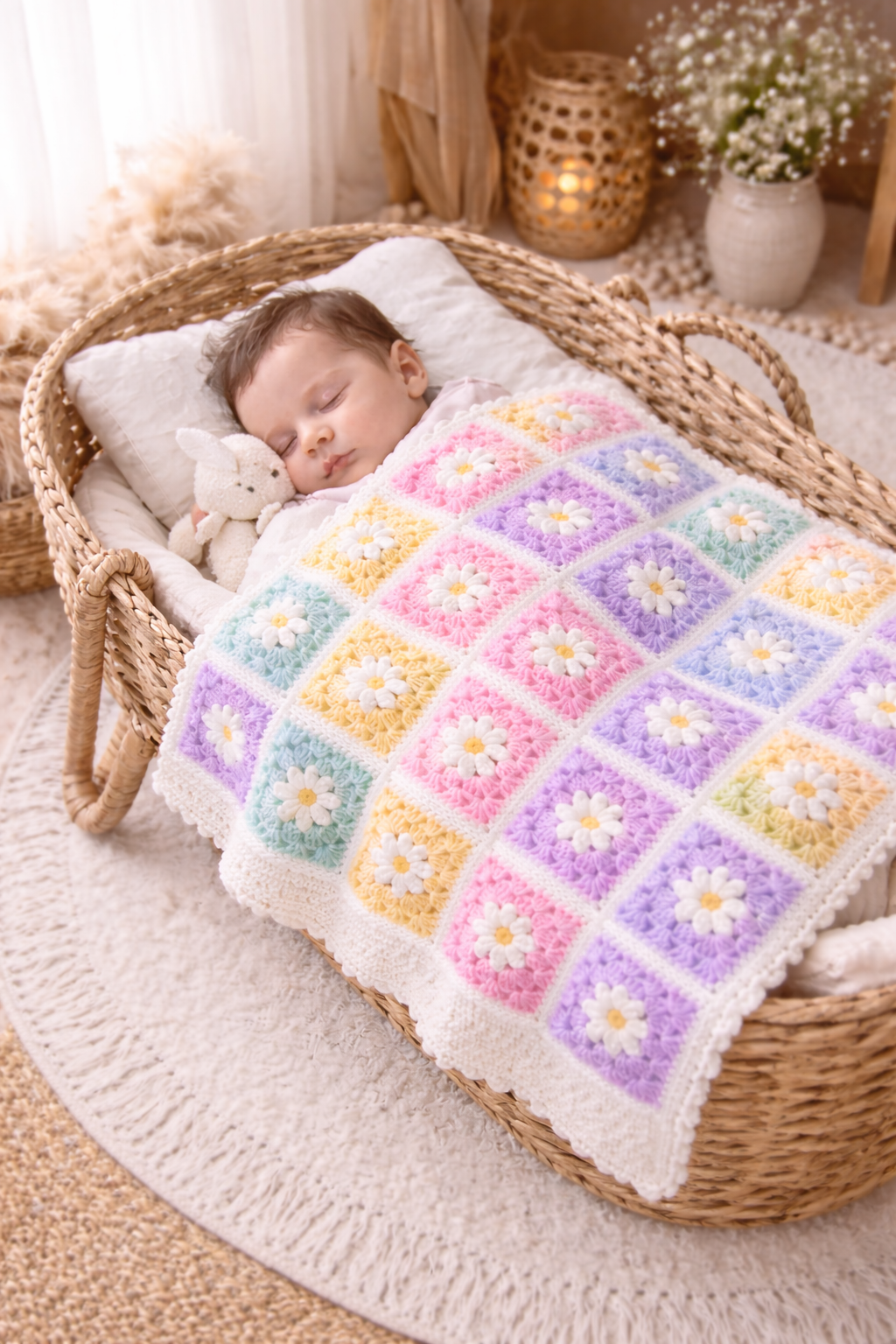 Adorable baby crochet blanket pattern PDF featuring classic flower squares. Instant digital download and beginner-friendly instructions.