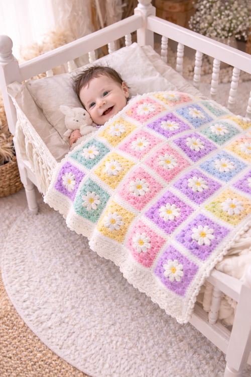 Instant downloadable crochet pattern for a floral granny square baby blanket. Perfect for gifts, nursery decor, or handmade keepsakes.