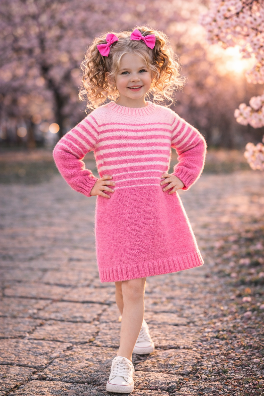 Stylish stripe dress knitting pattern PDF with soft pink tones and classic design. Ideal for knitters who love timeless children’s fashion with a modern touch.