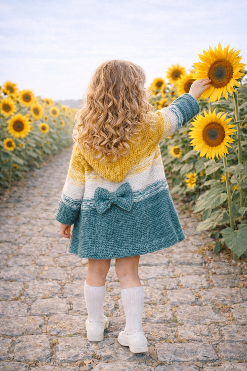 Girl wearing a handmade knit baby hoodie with bow detail standing on a cobblestone path in a sunflower field, showcasing modern knitting pattern design.